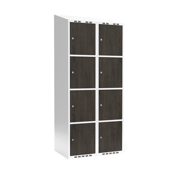 Garderobeskab 2x400mm, skr&aring;t tag, 4 d&oslash;re pr. s&oslash;jle i nocturne wood med cylinderl&aring;s