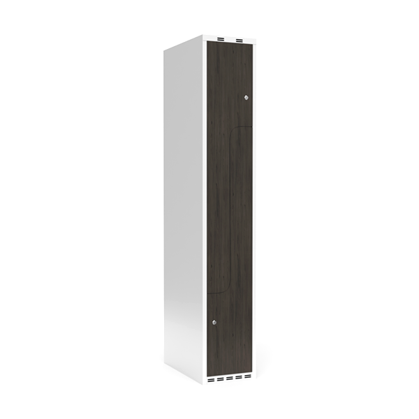 Garderobeskab 1x300mm med lige tag, 2 delt Z-døre i nocturne wood med cylinderlåse