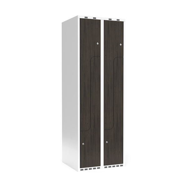 Garderobeskab 2x300mm med lige tag, 2 delt Z-d&oslash;re i nocturne wood med cylinderl&aring;se