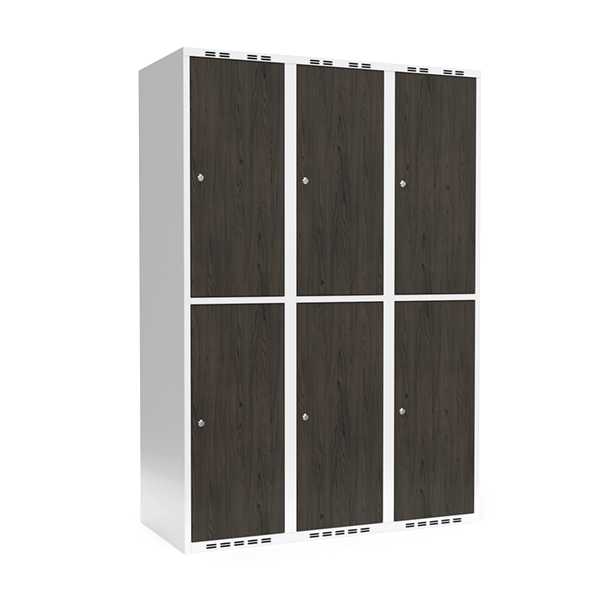 Garderobeskab 3x400mm, lige tag, 2 døre pr. søjle i nocturne wood med cylinderlås