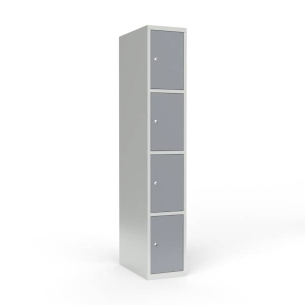 Skoleskab i stål med 4 rum, lige tag og cylinderlås 30x55x175cm grå