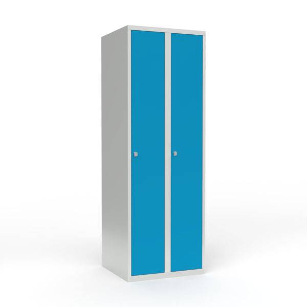 Skoleskab i stål med 2 rum, lige tag og hængelås 60x55x175cm lys blå
