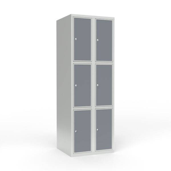 Skoleskab 60x55x175cm, 6 rum, lige tag, gr&aring; d&oslash;re, cylinderl&aring;se