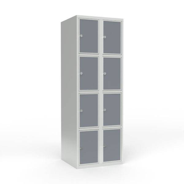 Skoleskab 60x55x175cm, 8 rum, lige tag, grå døre, hængelåse