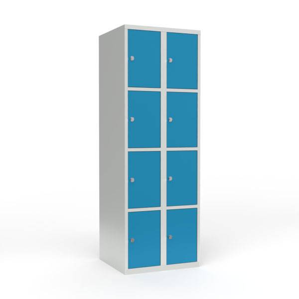Skoleskab i stål med 8 rum, lige tag og hængelås 60x55x175cm lys blå