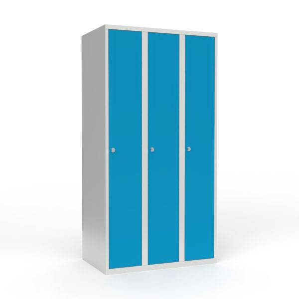 Skoleskab i stål med 3 rum, lige tag og hængelås 90x55x175cm lys blå