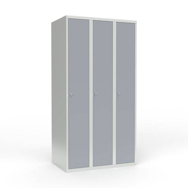 Skoleskab i stål med 3 rum, lige tag og hængelås 90x55x175cm grå