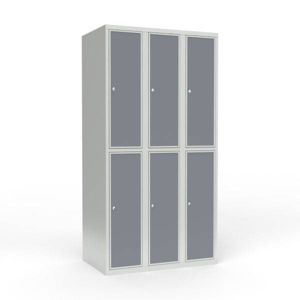 Skoleskab 90x55x175cm, 6 rum, lige tag, gr&aring; d&oslash;re, cylinderl&aring;se