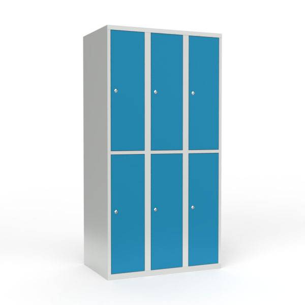 Skoleskab i st&aring;l med 6 rum, lige tag og cylinderl&aring;s 90x55x175cm lys bl&aring;