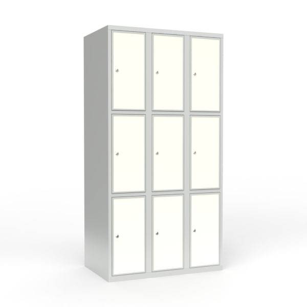Skoleskab 90x55x175cm, 9 rum, lige tag, hvide døre, cylinderlåse
