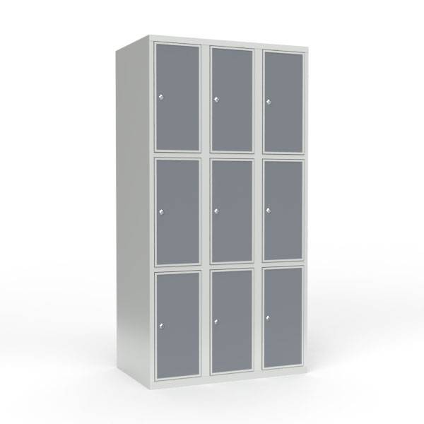 Skoleskab 90x55x175cm, 9 rum, lige tag, grå døre, cylinderlåse