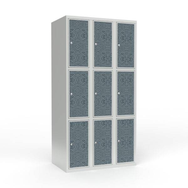 Skoleskab 90x55x175cm, 9 rum, lige tag, sorte døre, cylinderlåse