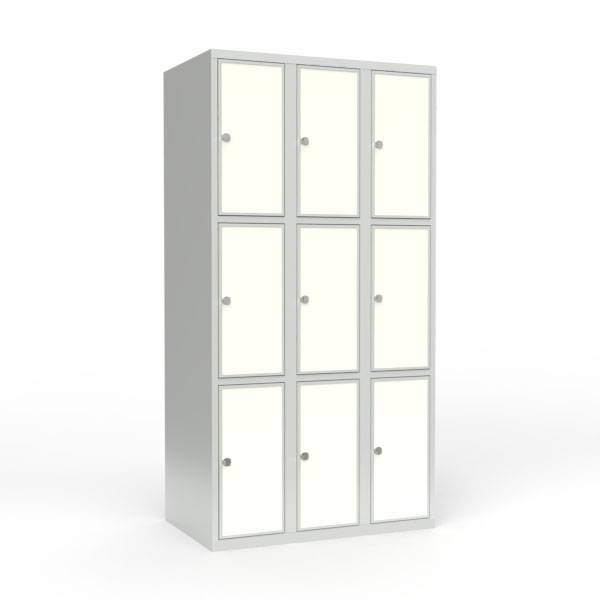 Skoleskab 90x55x175cm, 9 rum, lige tag, hvide døre, hængelåse
