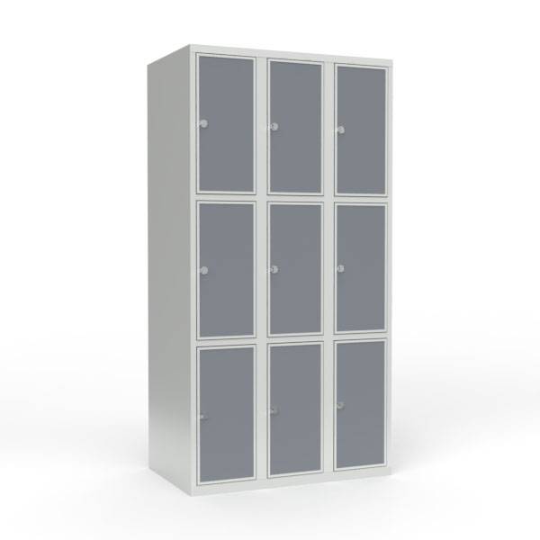 Skoleskab 90x55x175cm, 9 rum, lige tag, grå døre, hængelåse
