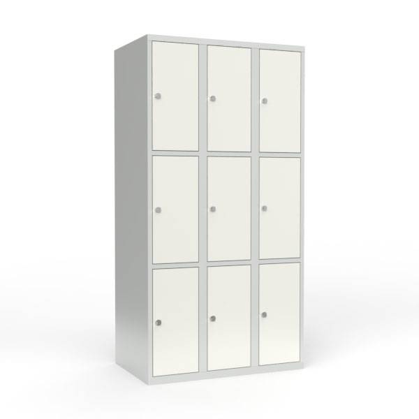 Skoleskab i st&aring;l med 9 rum, lige tag og h&aelig;ngel&aring;s 90x55x175cm hvid