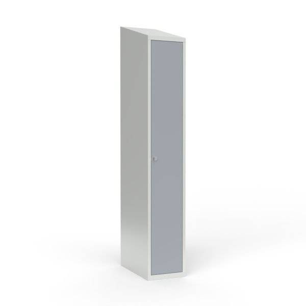 Skoleskab i st&aring;l med 1 rum, skr&aring;t tag og h&aelig;ngel&aring;s 30x55x190cm gr&aring;