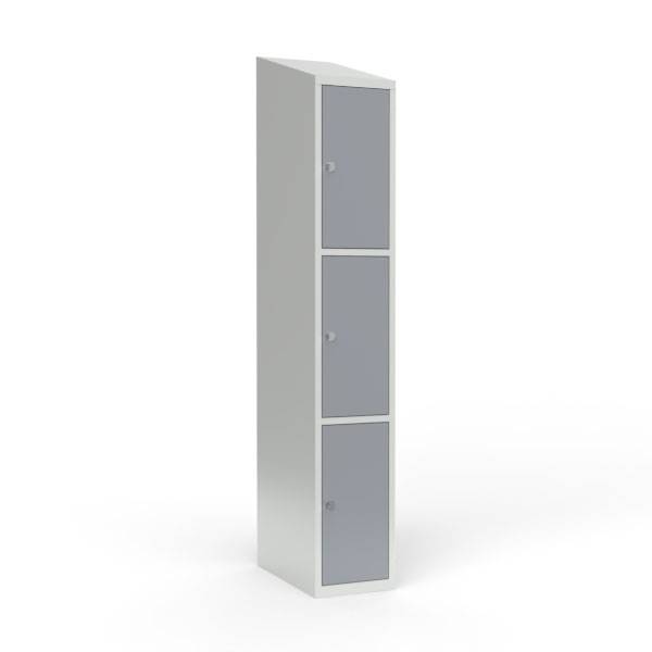 Skoleskab i stål med 3 rum, skråt tag og hængelås 30x55x190cm grå