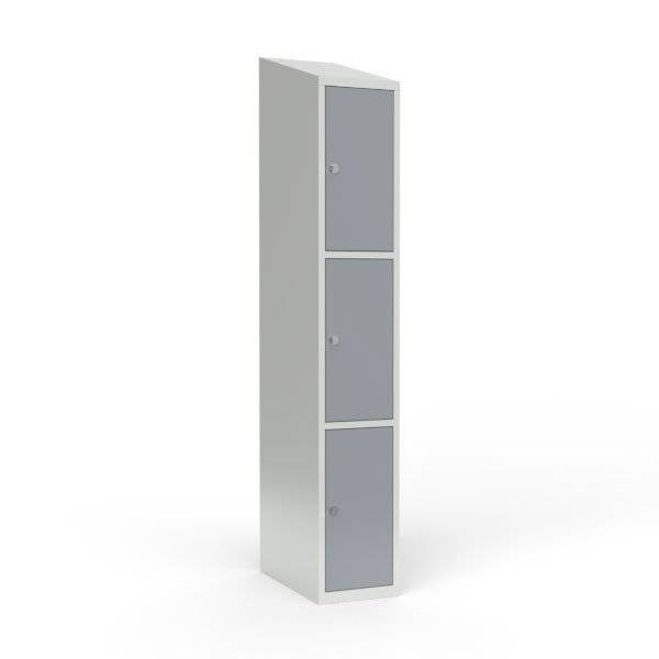 Skoleskab i st&aring;l med 3 rum, skr&aring;t tag og h&aelig;ngel&aring;s 30x55x190cm gr&aring;