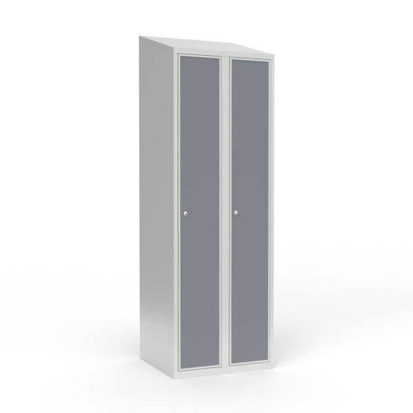 Skoleskab 60x55x190cm, skr&aring;t tag, gr&aring; d&oslash;re med cylinderl&aring;se