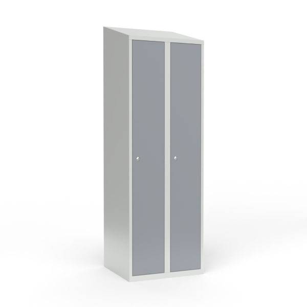 Skoleskab i stål med 2 rum, skråt tag og cylinderlås 60x55x190cm grå