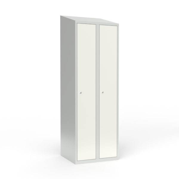 Skoleskab i stål med 2 rum, skråt tag og cylinderlås 60x55x190cm hvid