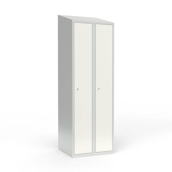 Skoleskab i st&aring;l med 2 rum, skr&aring;t tag og cylinderl&aring;s 60x55x190cm hvid