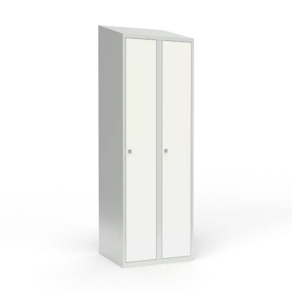 Skoleskab i stål med 2 rum, skråt tag og hængelås 60x55x190cm hvid