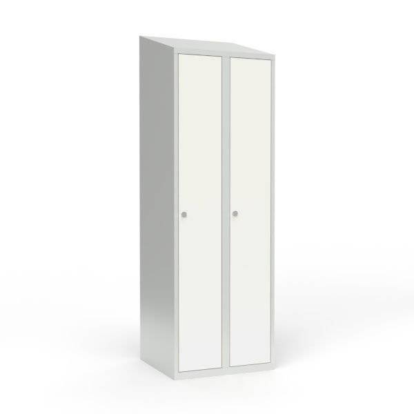 Skoleskab i st&aring;l med 2 rum, skr&aring;t tag og h&aelig;ngel&aring;s 60x55x190cm hvid