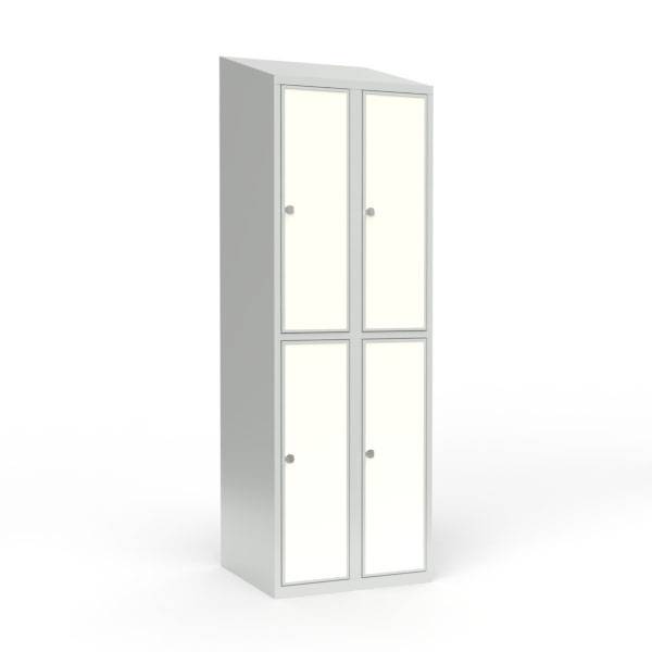 Skoleskab 60x55x190cm, 4 rum, skråt tag, hvide døre, hængelåse