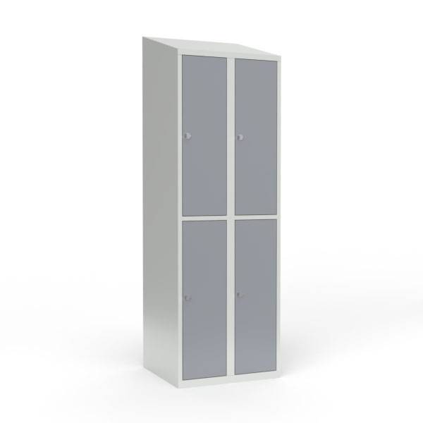 Skoleskab i stål med 4 rum, skråt tag og hængelås 60x55x190cm grå