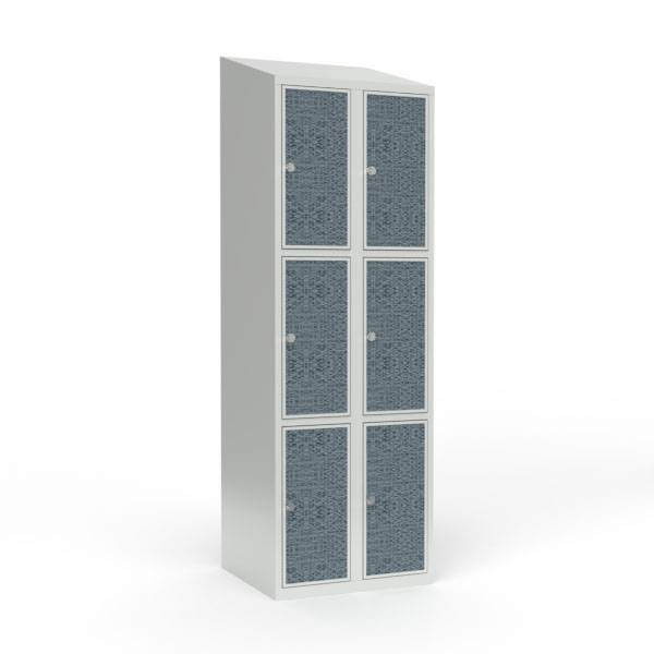 Skoleskab 60x55x190cm, 6 rum, skråt tag, sorte døre, hængelåse