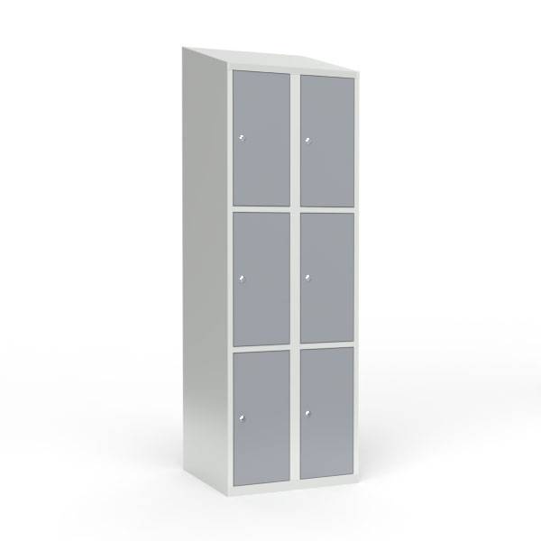 Skoleskab i st&aring;l med 6 rum, skr&aring;t tag og cylinderl&aring;s 60x55x190cm gr&aring;