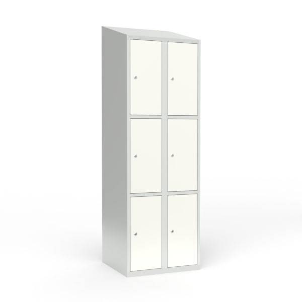 Skoleskab i st&aring;l med 6 rum, skr&aring;t tag og cylinderl&aring;s 60x55x190cm hvid
