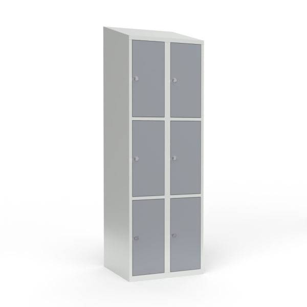 Skoleskab i stål med 6 rum, skråt tag og hængelås 60x55x190cm grå