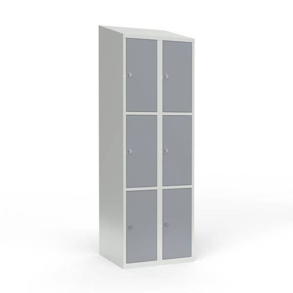 Skoleskab i st&aring;l med 6 rum, skr&aring;t tag og h&aelig;ngel&aring;s 60x55x190cm gr&aring;