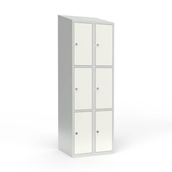 Skoleskab i stål med 6 rum, skråt tag og hængelås 60x55x190cm hvid