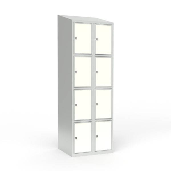 Skoleskab 60x55x190cm, 8 rum, skråt tag, hvide døre, hængelåse