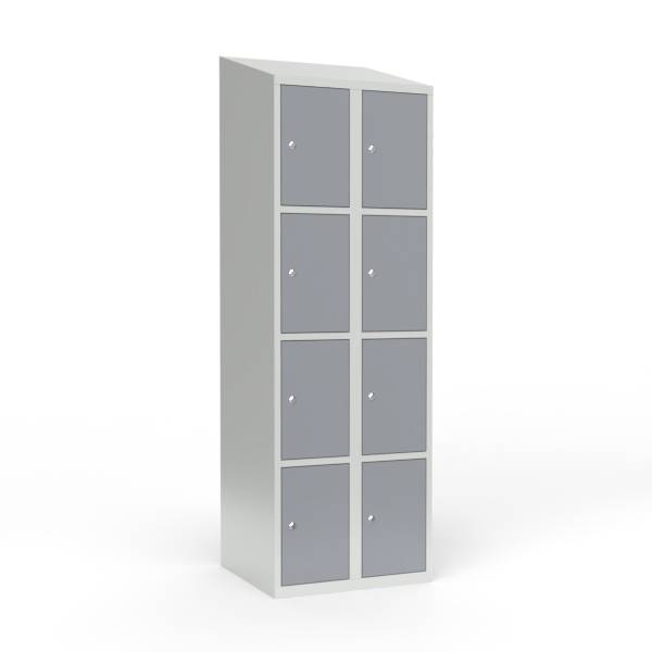 Skoleskab i stål med 8 rum, skråt tag og cylinderlås 60x55x190cm grå