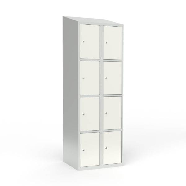 Skoleskab i stål med 8 rum, skråt tag og cylinderlås 60x55x190cm hvid