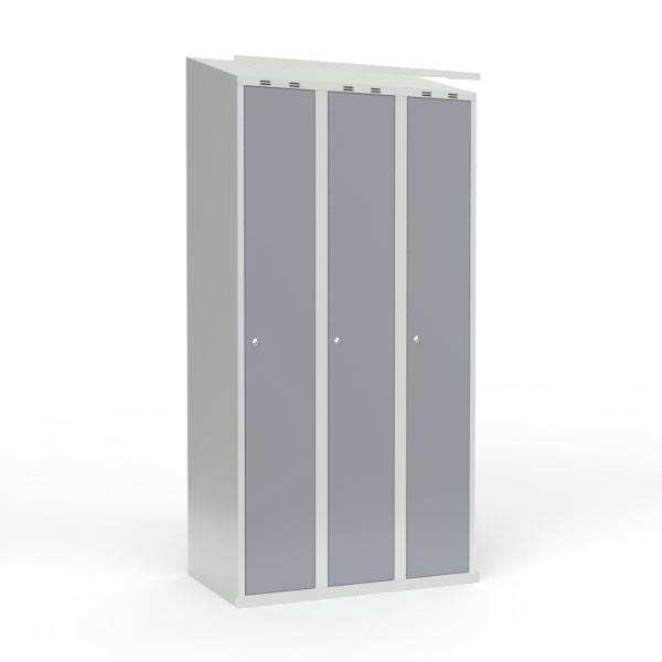 Skoleskab i stål med 3 rum, skråt tag og cylinderlås 90x55x190cm grå