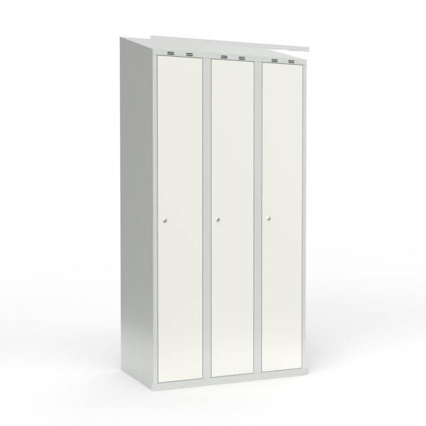 Skoleskab i stål med 3 rum, skråt tag og cylinderlås 90x55x190cm hvid