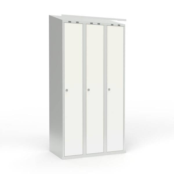 Skoleskab i st&aring;l med 3 rum, skr&aring;t tag og h&aelig;ngel&aring;s 90x55x190cm hvid