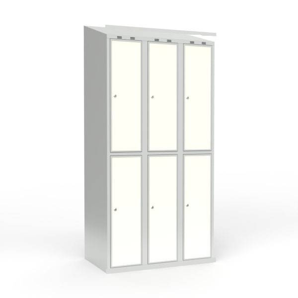 Skoleskab 90x55x190cm, 6 rum, skråt tag, hvide døre, cylinderlåse