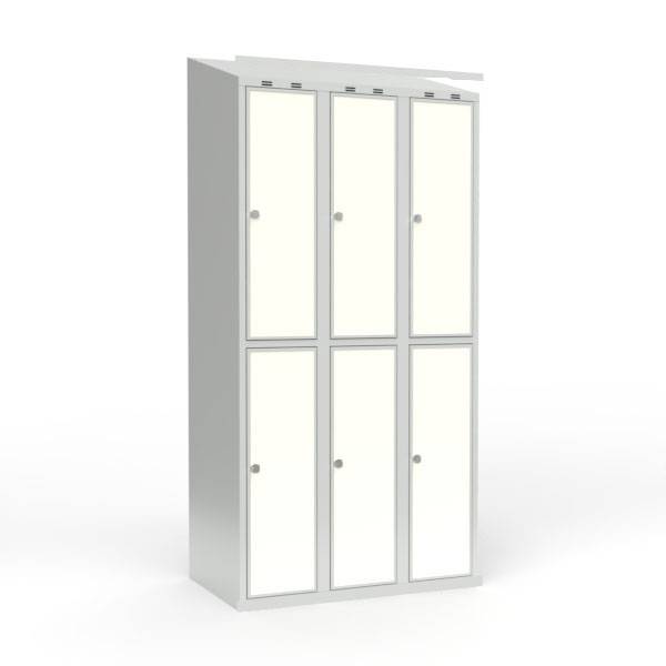 Skoleskab 90x55x190cm, 6 rum, skråt tag, hvide døre, hængelåse