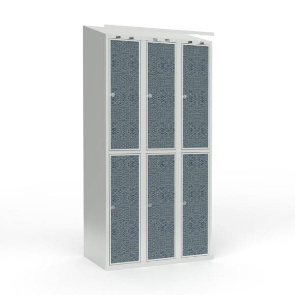 Skoleskab 90x55x190cm, 6 rum, skråt tag, sorte døre, hængelåse