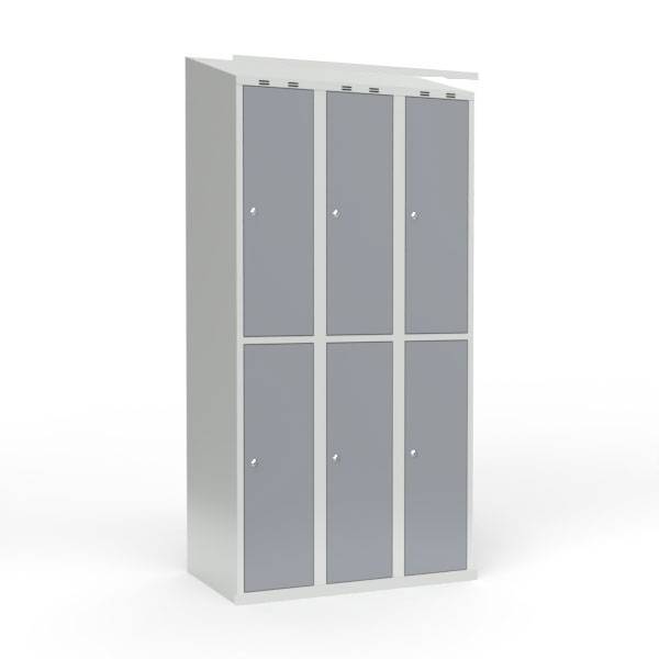Skoleskab i st&aring;l med 6 rum, skr&aring;t tag og cylinderl&aring;s 90x55x190cm gr&aring;