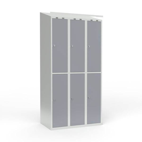 Skoleskab i stål med 6 rum, skråt tag og hængelås 90x55x190cm grå