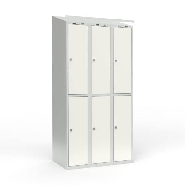 Skoleskab i st&aring;l med 6 rum, skr&aring;t tag og h&aelig;ngel&aring;s 90x55x190cm hvid