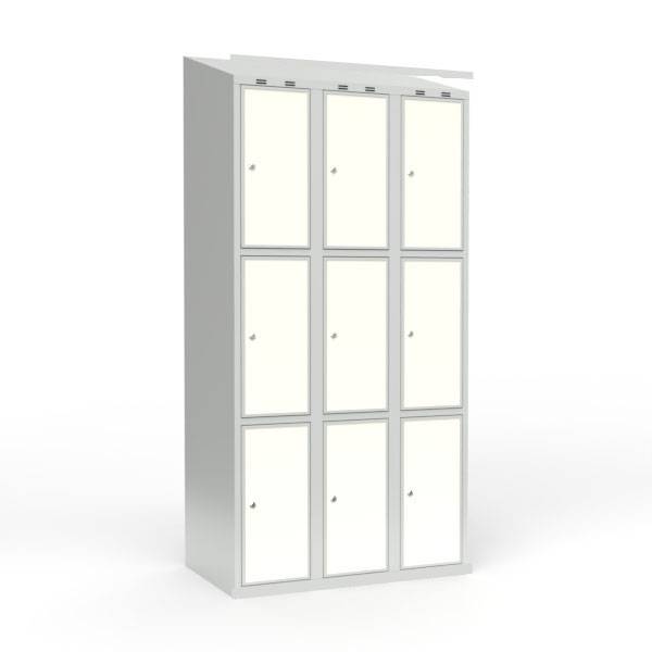 Skoleskab 90x55x190cm, 9 rum, skråt tag, hvide døre, cylinderlåse