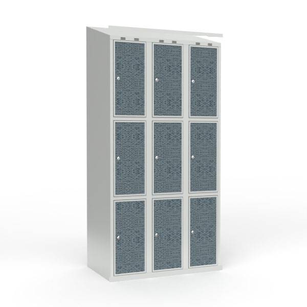 Skoleskab 90x55x190cm, 9 rum, skråt tag, sorte døre, cylinderlåse